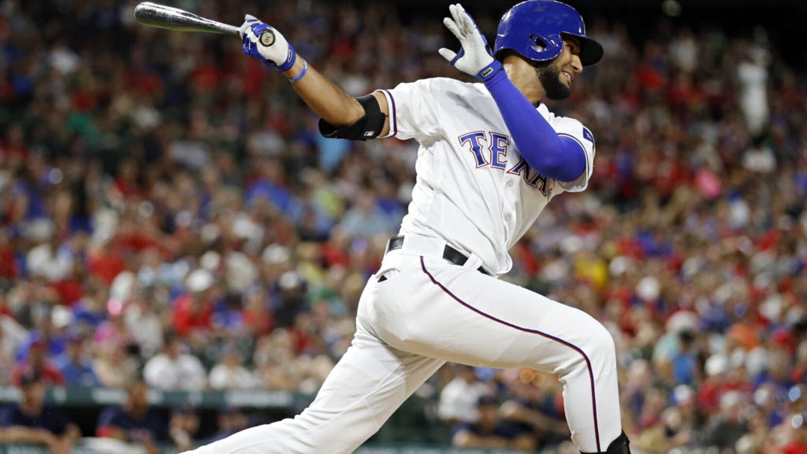 Texas Rangers right fielder Nomar Mazara strikes out swinging during the eighth inning of...
