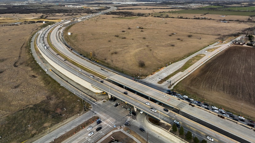 Aerial view of the corner of the Dallas North Tollway at Panther Creek Parkway in the Fields...