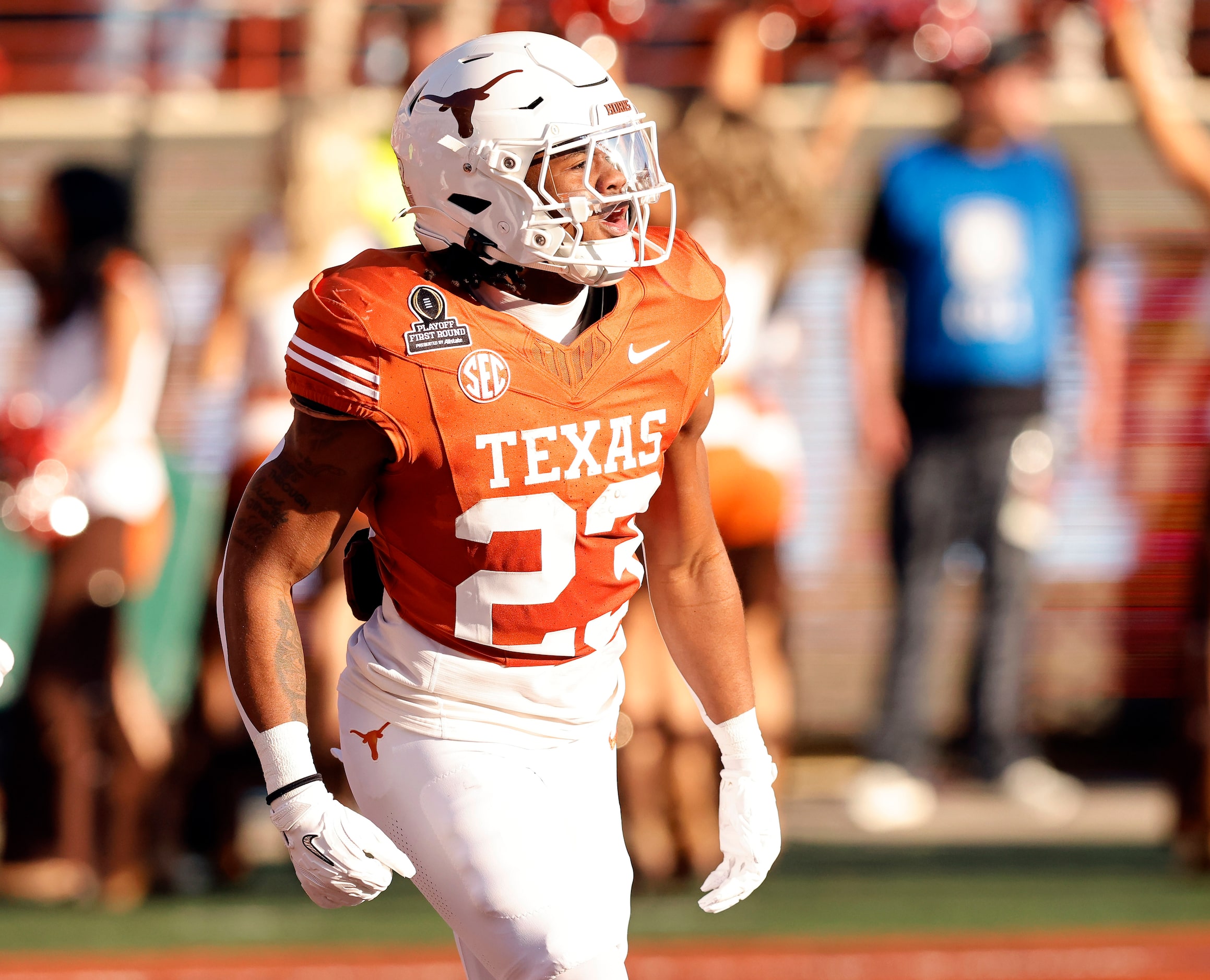 Texas Longhorns running back Jaydon Blue (23) reacts after his long second quarter touchdown...