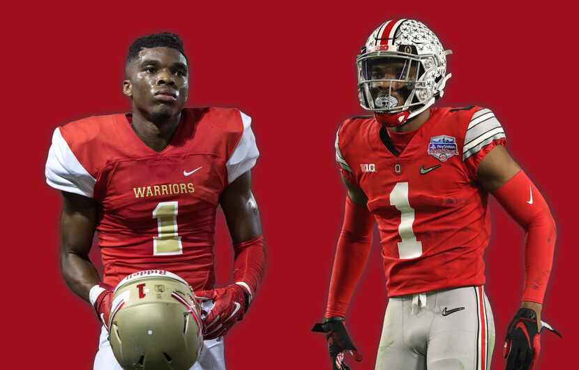 Jeffrey Okudah with South Grand Prairie in 2016 (left) and Ohio State in 2019 (right).