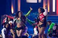 GloRilla, left, and Megan Thee Stallion perform during the BET Awards on Sunday, June 30,...