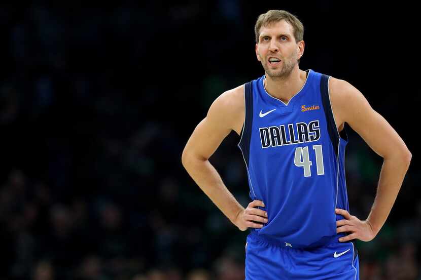 BOSTON, MASSACHUSETTS - JANUARY 04: Dirk Nowitzki #41 of the Dallas Mavericks looks on...