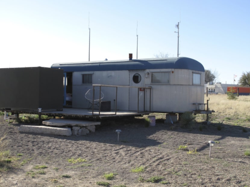 The Branstrator is a 1950s-era trailer at El Cosmico in Marfa. The area on the porch at left...