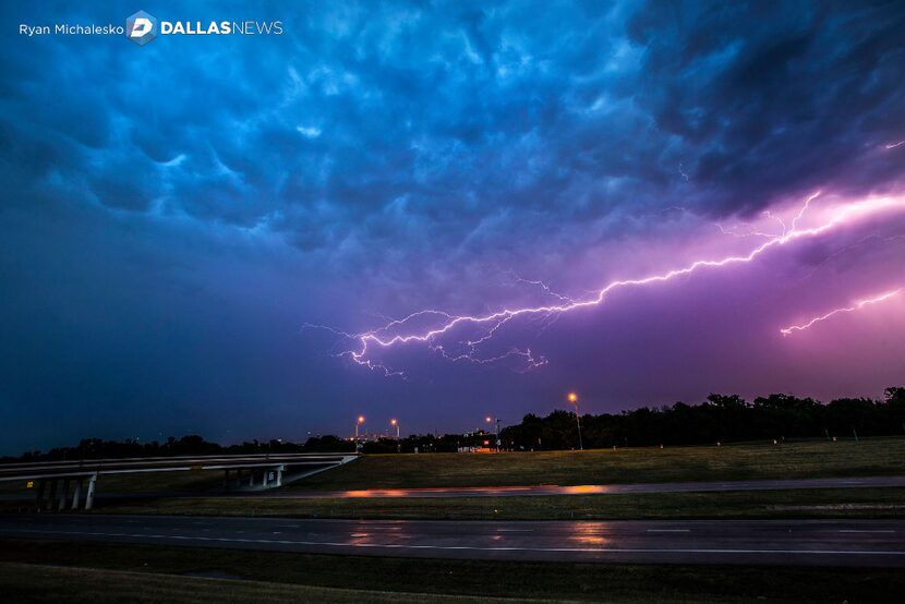 Lightning bolts fill the sky over highway 360 near Euless, Texas on Friday, June 2, 2017. 