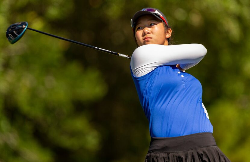 Midlothian's Tiffany Cao hits from the 17th tee box during round 1 of the UIL Class 5A girls...