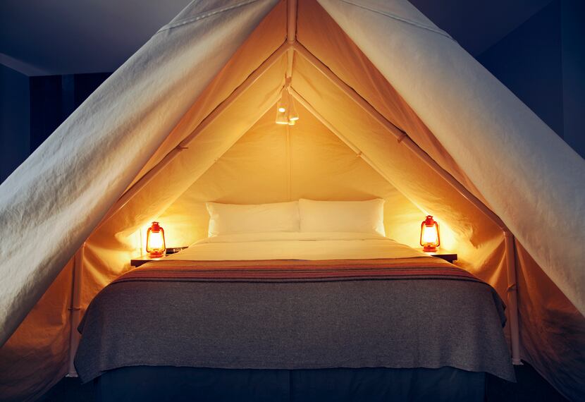 At Basecamp South Lake Tahoe's Great Indoors room, a tent straddles the king bed. 