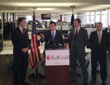  U.S. Sen. Ted Cruz, center, discusses the support from Lt. Gov. Dan Patrick, left, and...