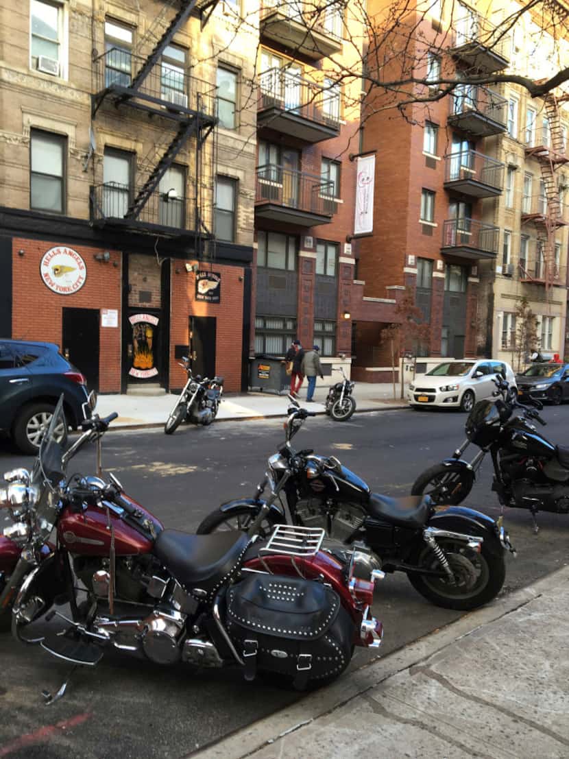 Motorcycles are parked on the street outside the Hells Angels motorcycle club headquarters...