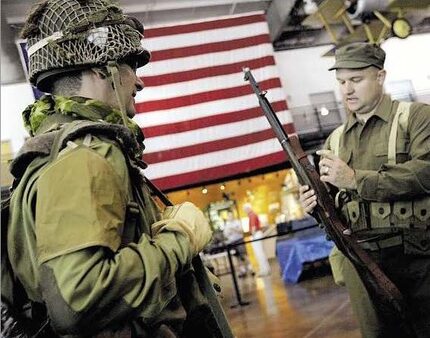 A photograph of Les Young and Aaron Seamster dressed up as World War II soldiers at the...