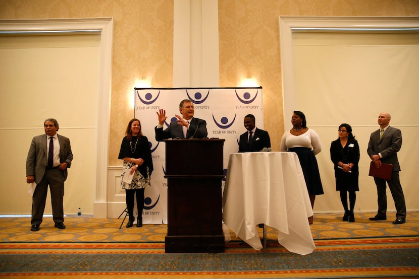 Dallas Mayor Mike Rawlings, honorary co-chair of the Year of Unity, voices his support for...