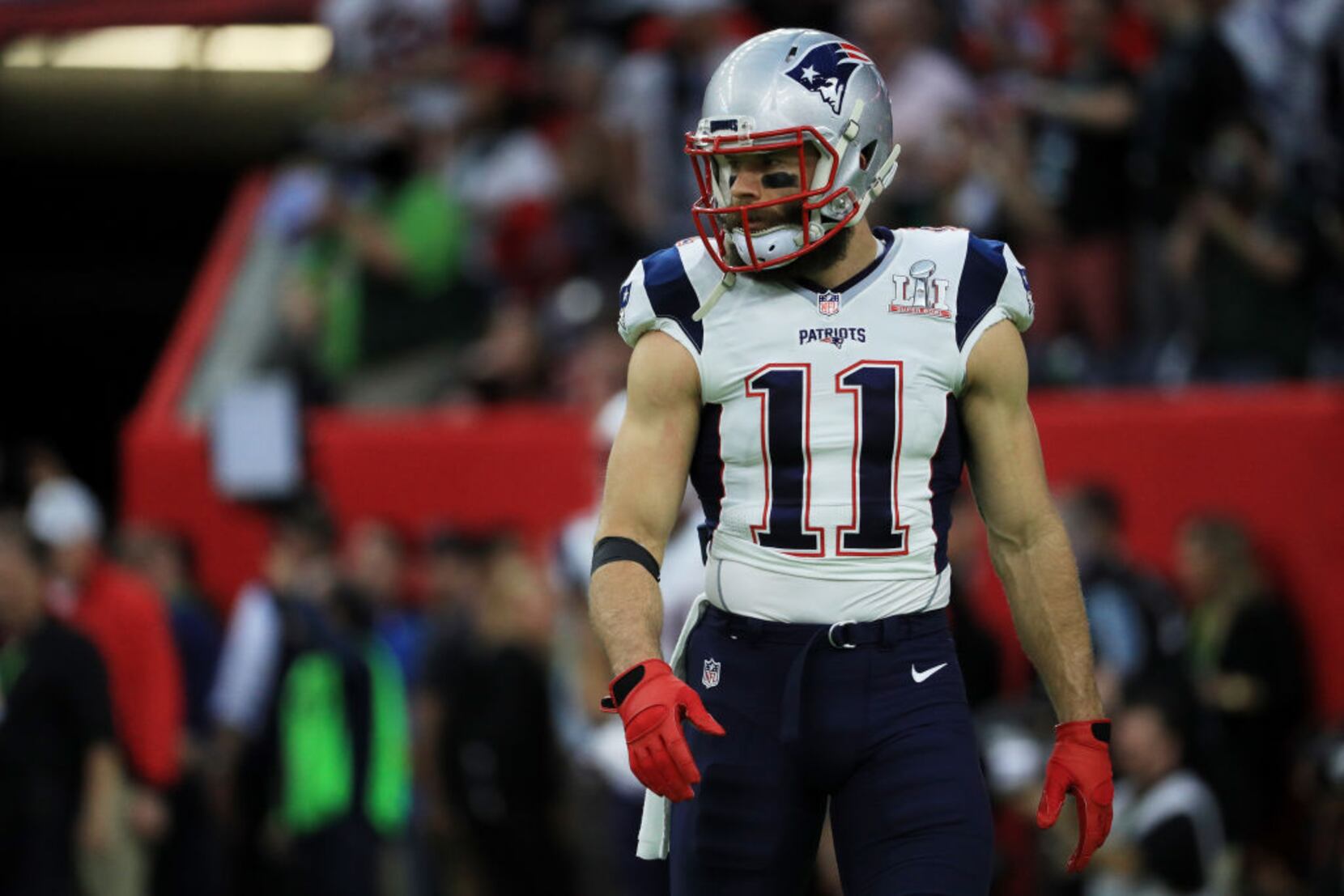 FOXBOROUGH, MA - SEPTEMBER 26: Retired Patriot Julian Edelman runs