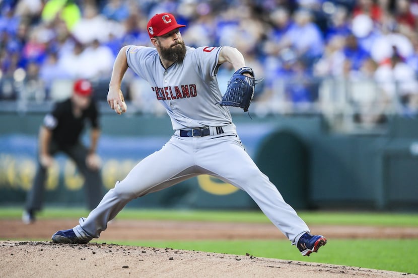 Corey Kluber of the Cleveland Indians pitches against the Kansas City Royals on July 2,...