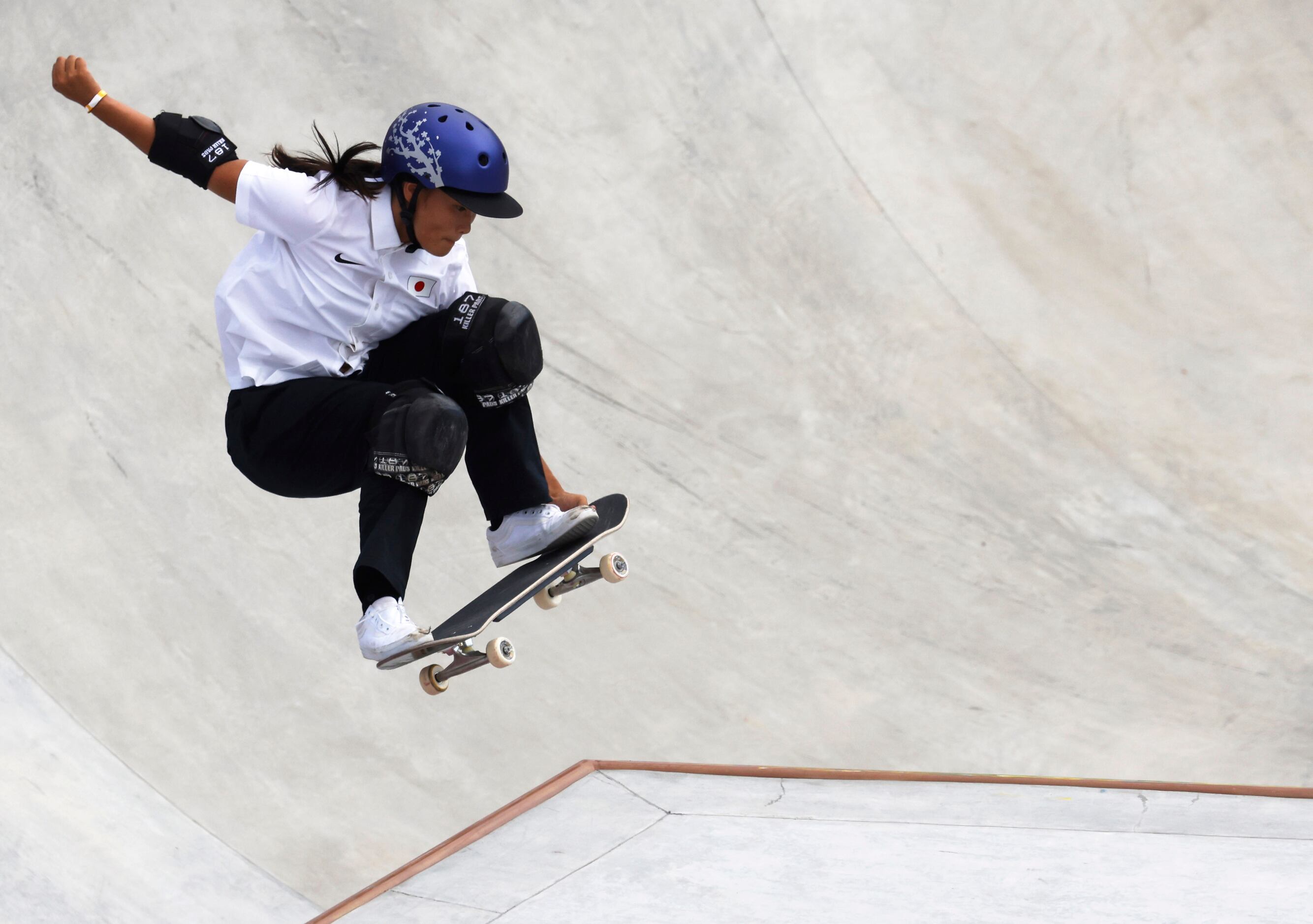 Japan’s Sakura Yosozumi competes during the women’s skateboarding prelims at the postponed...