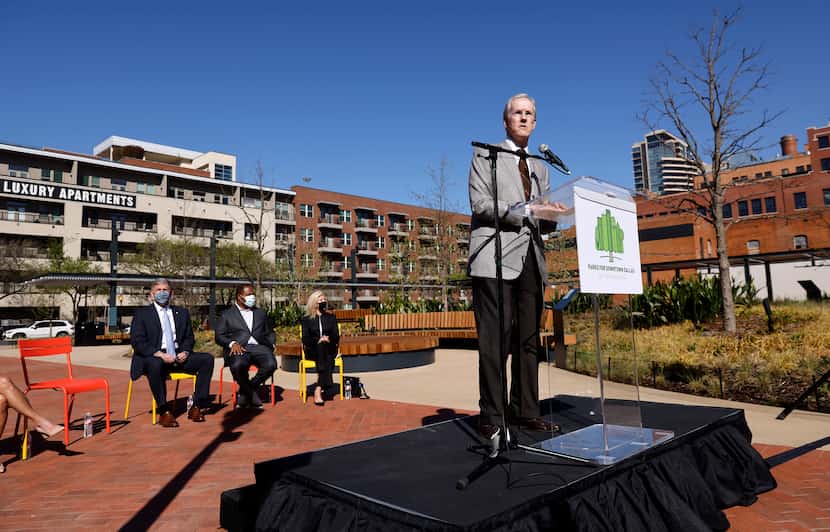 Robert Decherd, chairman of Parks For Downtown Dallas, spoke in 2021 at a ribbon-cutting...