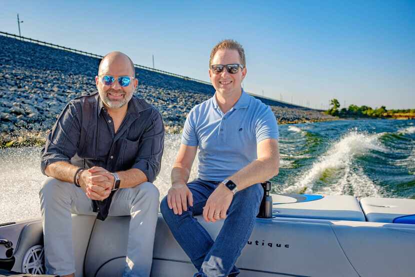 Alloy CEO Brandon Cotter (left) and CTO Powell Kinney (right) on a boat on Lake Grapevine on...