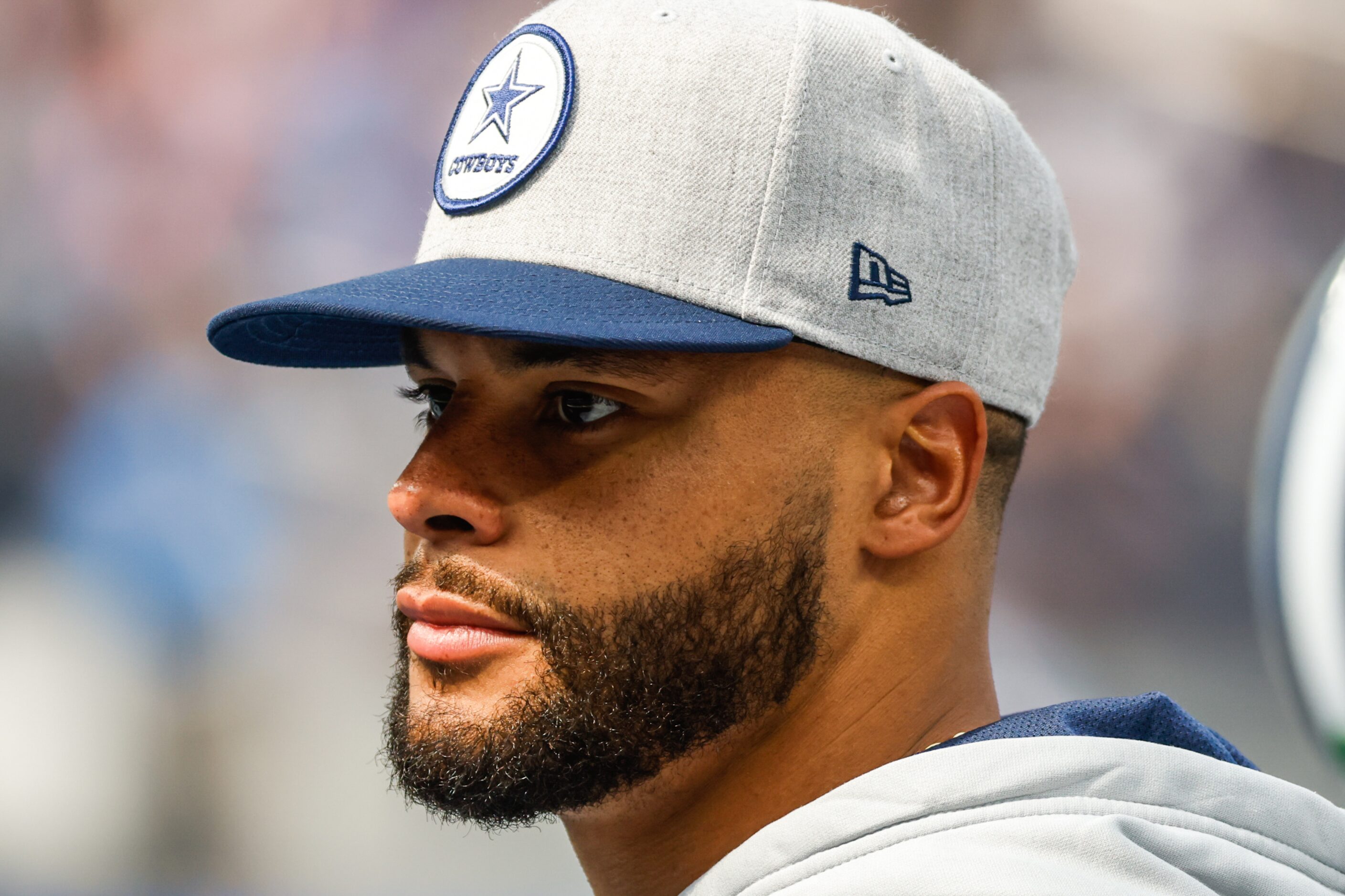 Dallas Cowboys quarterback Dak Prescott (4) during warmup at the SoFi Stadium in Los...