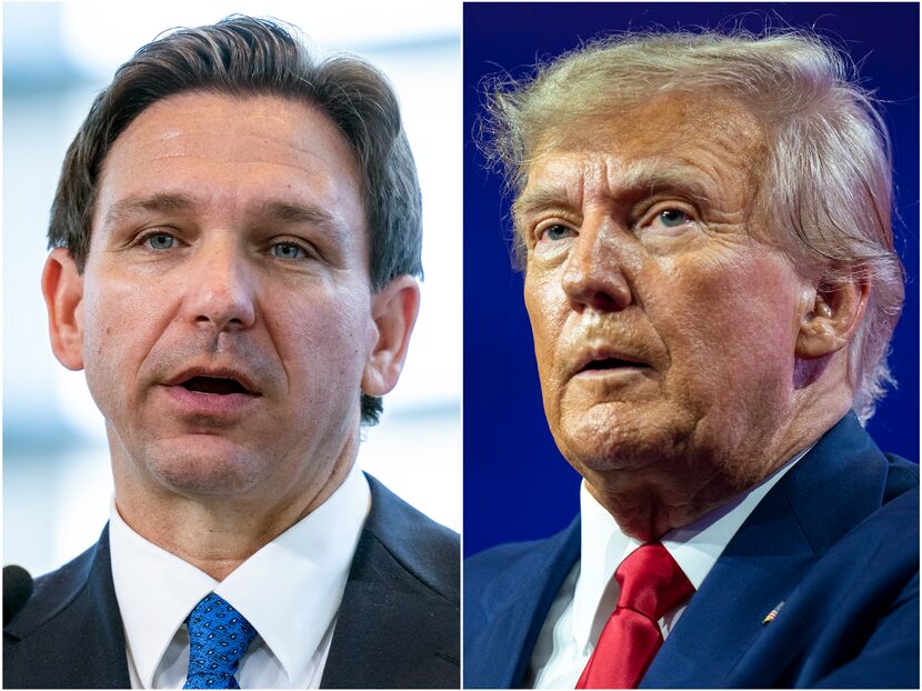 FILE - This combination of photos shows Florida Gov. Ron DeSantis (left) speaking on April...