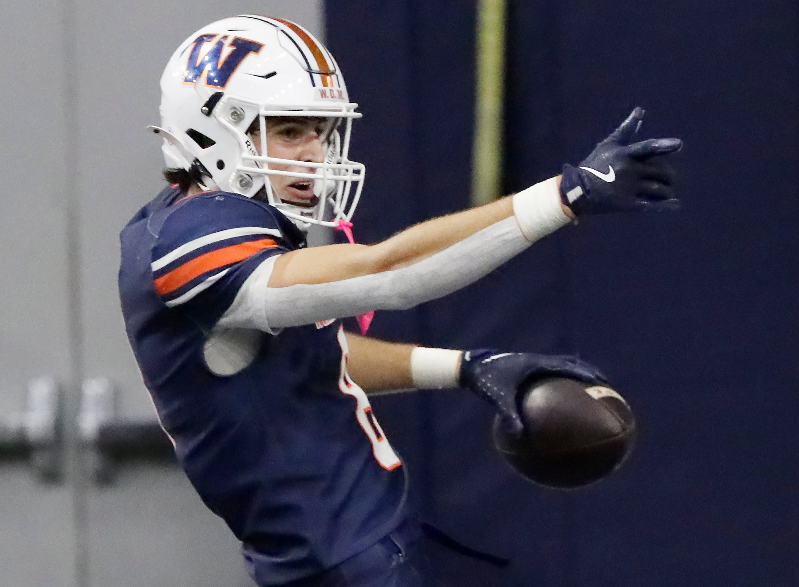 Wakeland High School wide receiver Ryder Treadway (8) celebrates his touchdown catch during...