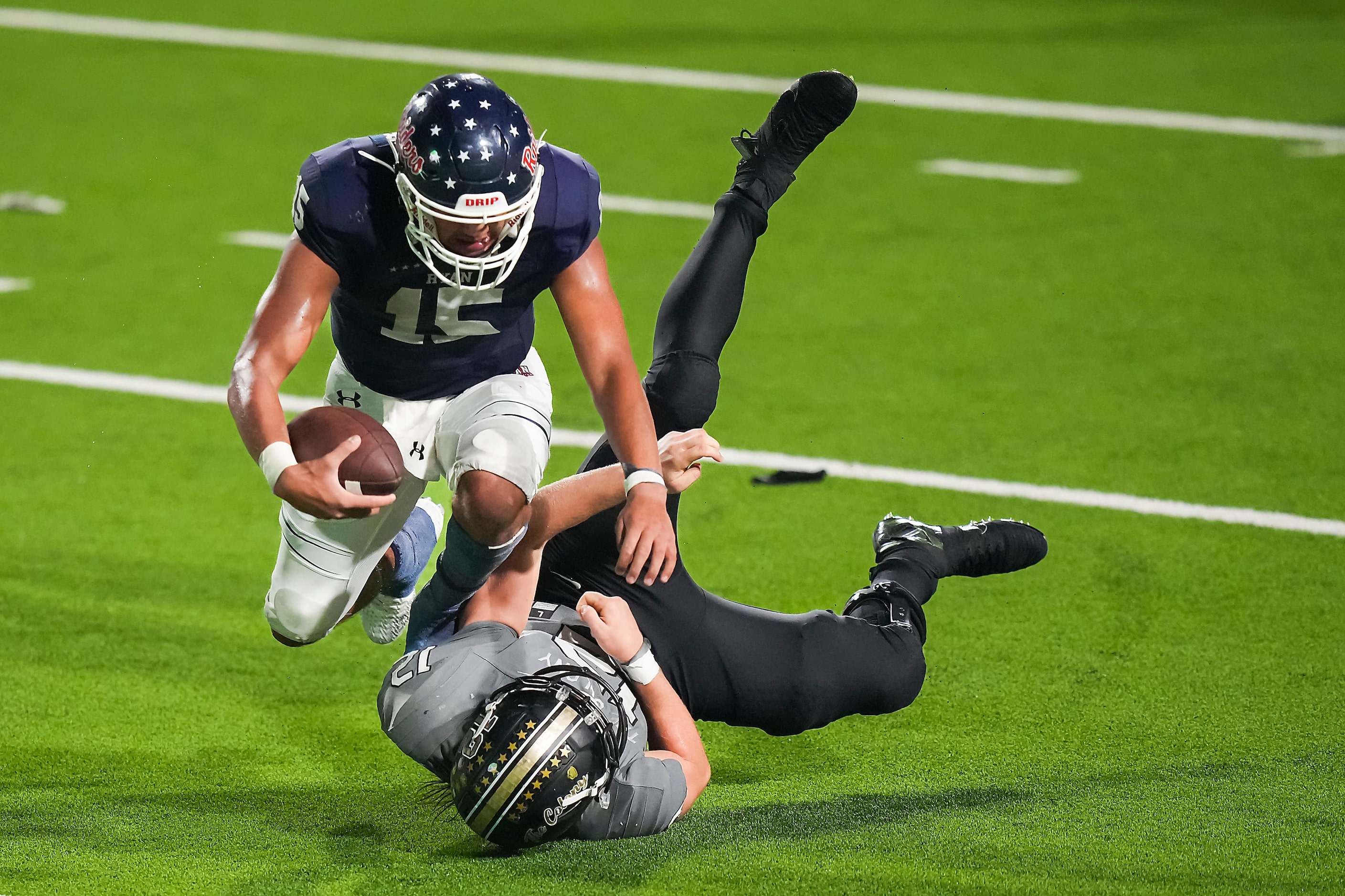 Denton Ryan quarterback TJ Hobbs (15) is dropped for a loss by The Colony linebacker Jaden...