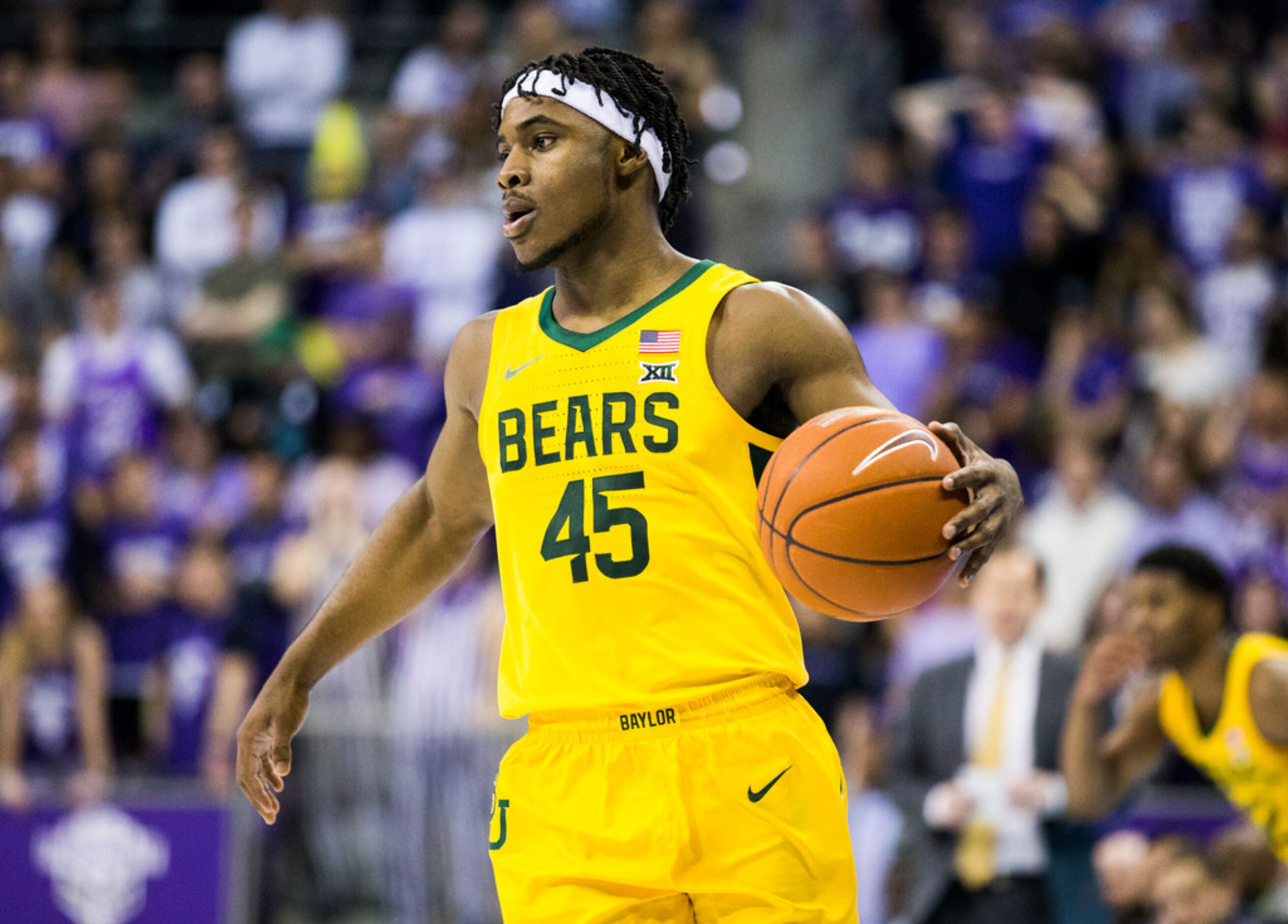 Baylor Bears guard Davion Mitchell (45) looks for a pass during the first half of an NCAA...