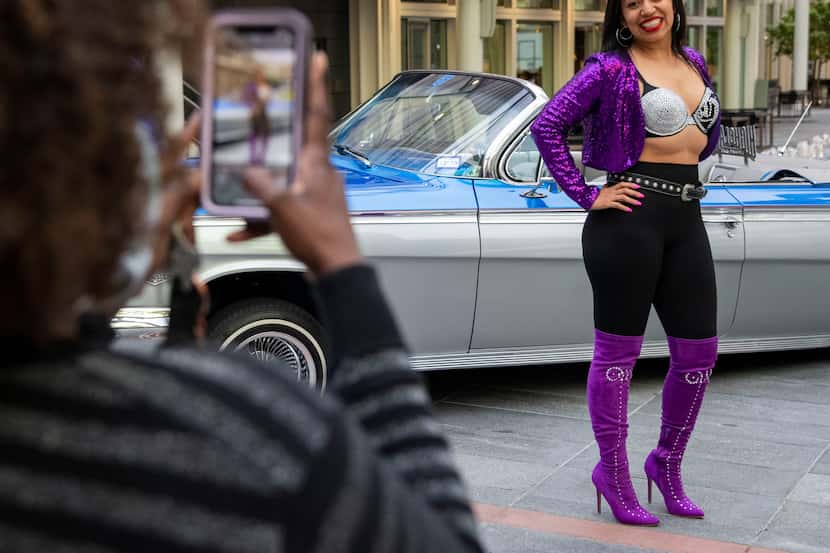 Clara Villalobos poses in the Selena outfit she made during the Selena's 50th birthday...