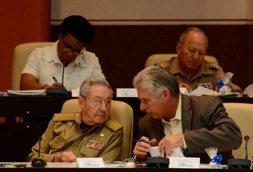 Cuban president Raul Castro and Cuban First Vice president Miguel Diaz-Canel talk during the...