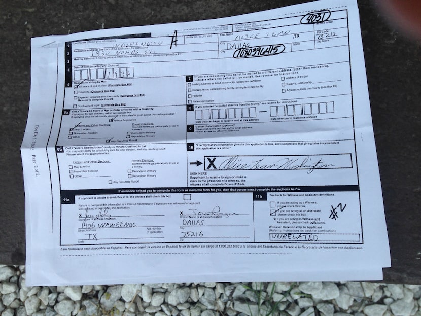 A copy of Alice Washington's mail-in ballot application, which her niece Barbara Roberson...