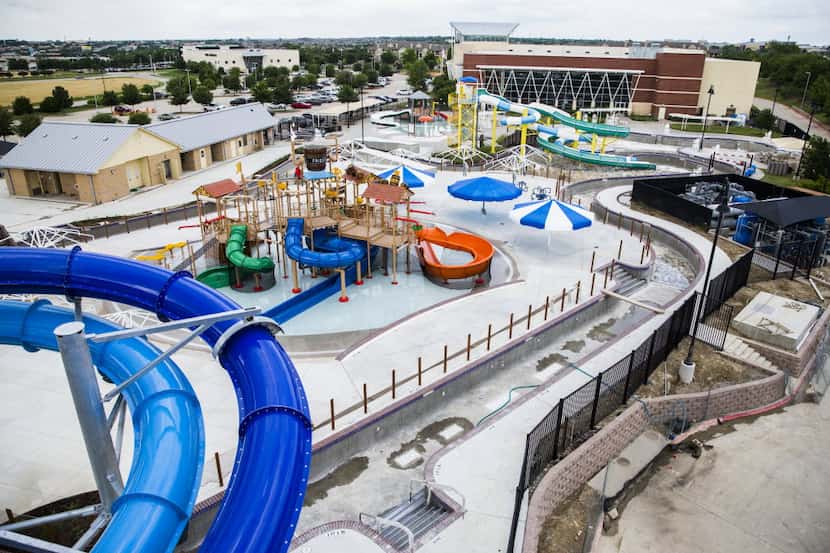 An overhead view of an expanded outdoor water park at the Frisco Athletic Center.