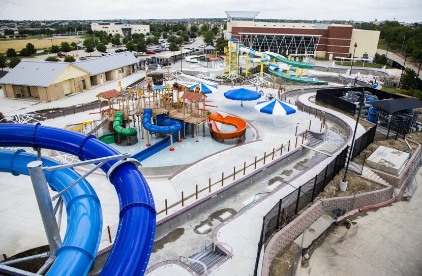 An overhead view of an expanded outdoor water park at Frisco Athletic Center.