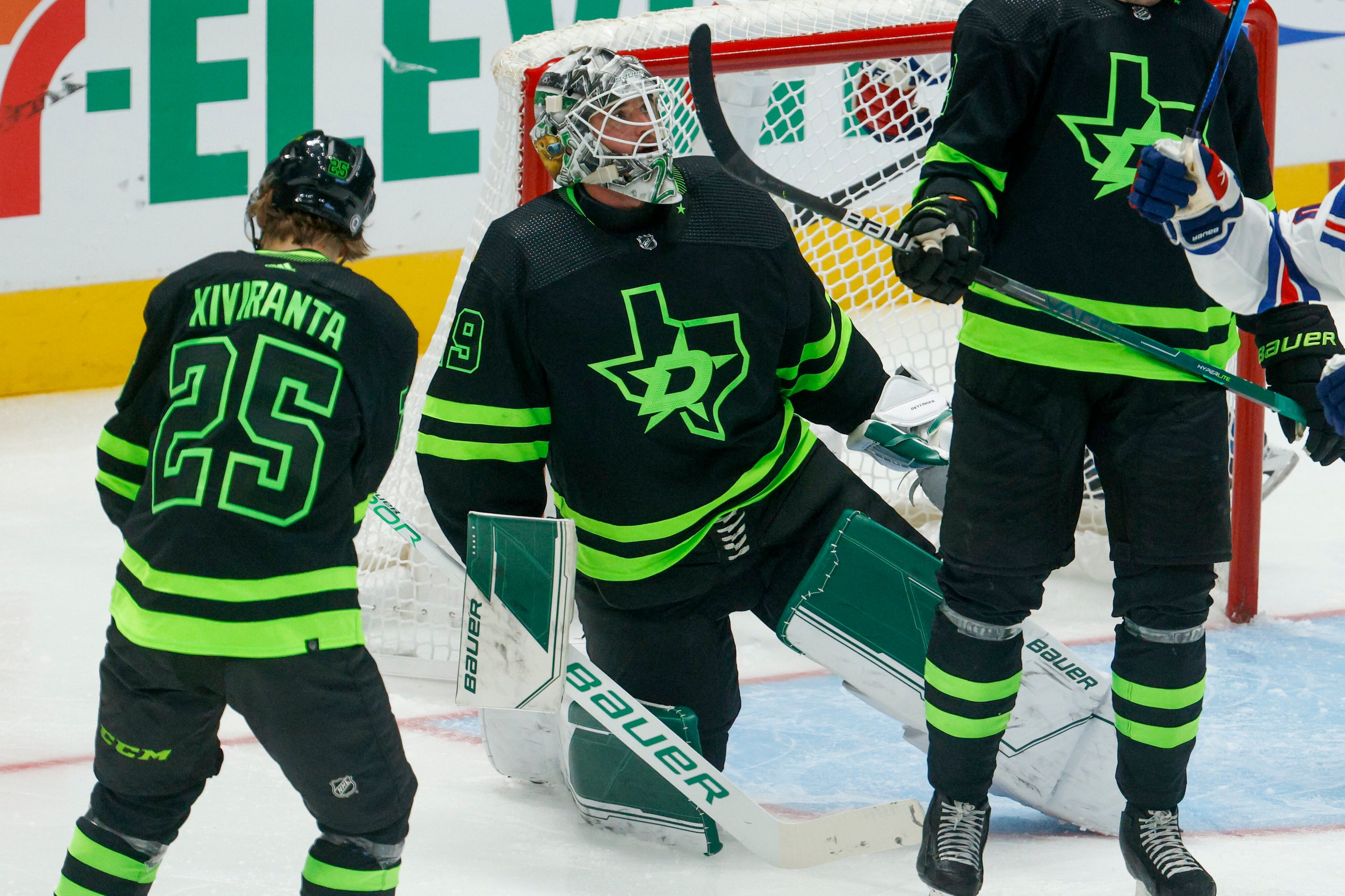 Dallas Stars goaltender Jake Oettinger (29) reacts after a goal during the second period of...