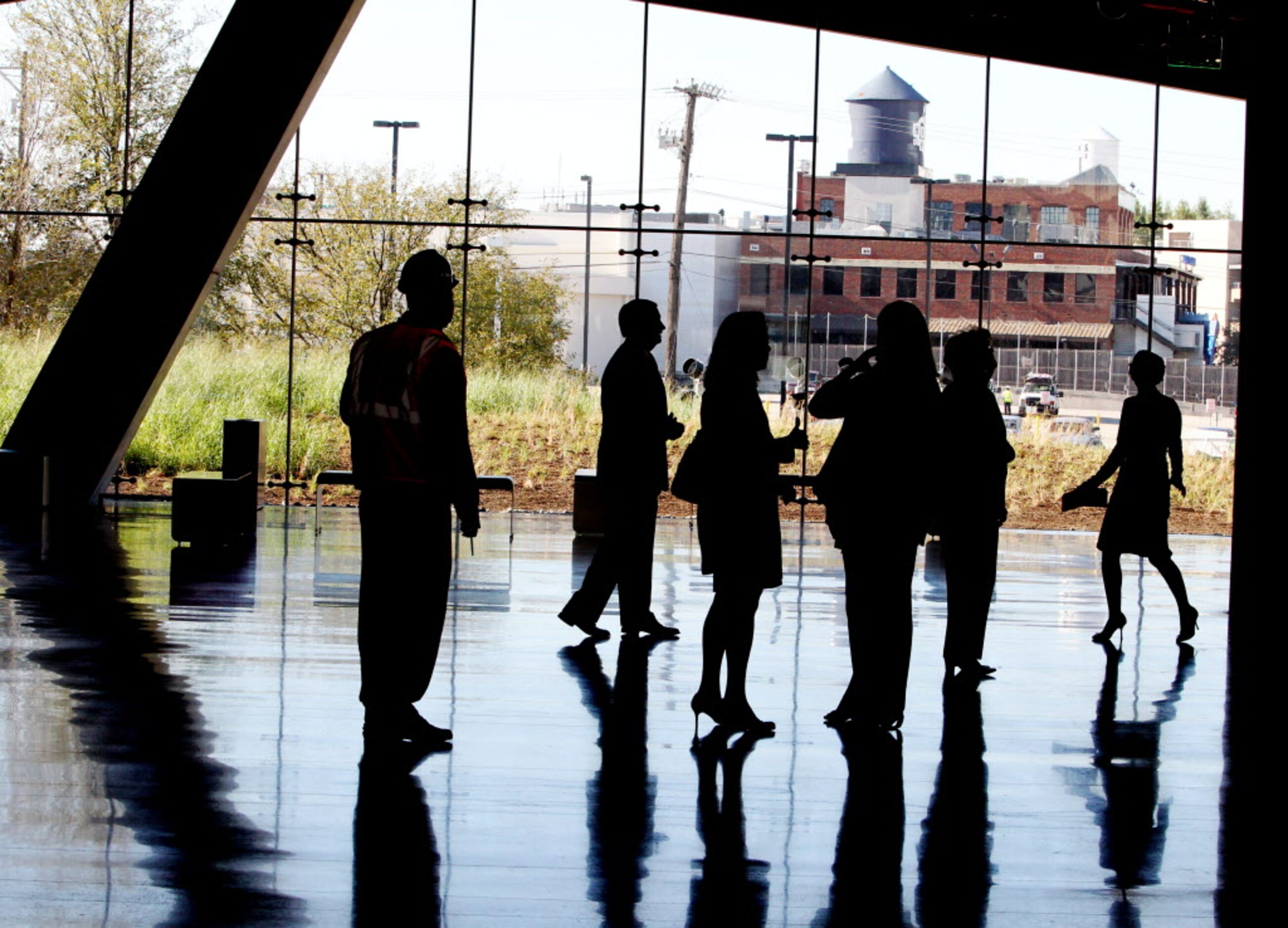 Downtown Dallas is seen through the windows in the lobby at the Perot Museum of Nature and...