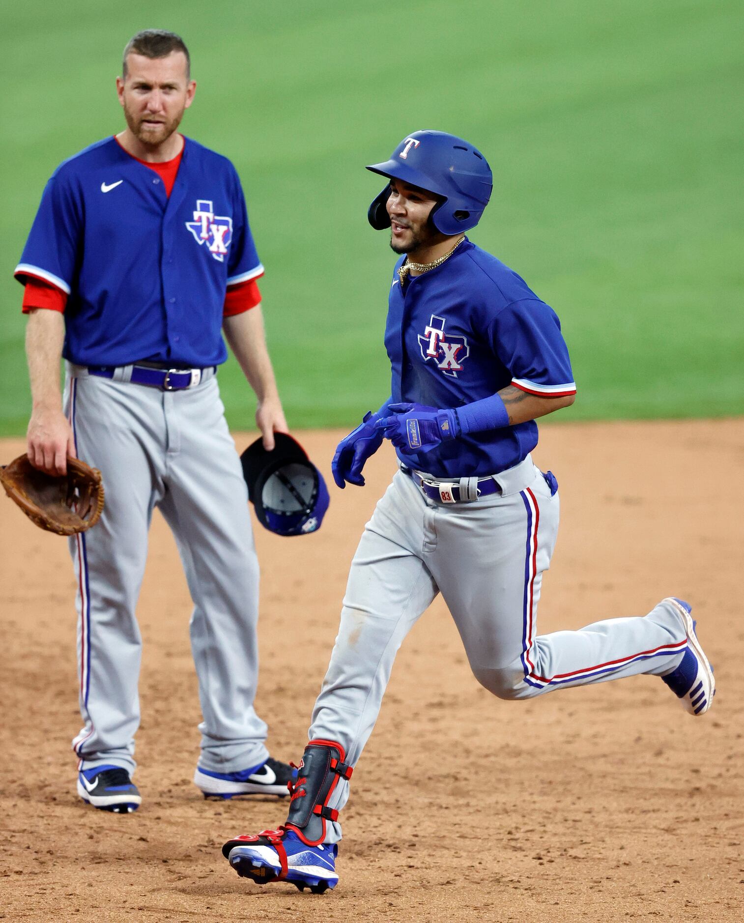 Texas Rangers Anderson Tejeda circles the bases after hitting a home run off of Edinson...