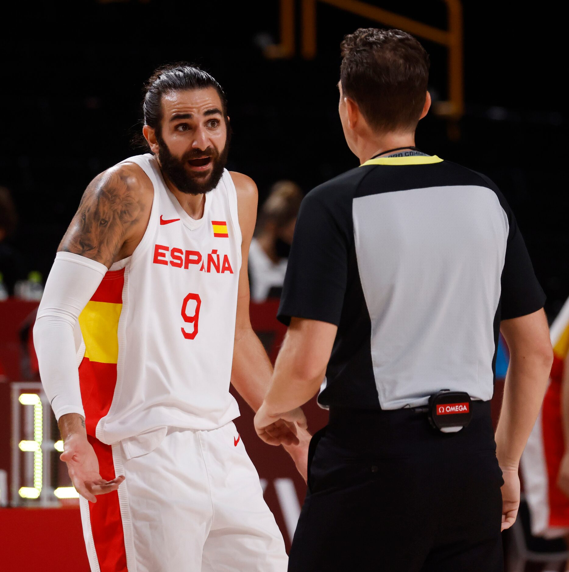 Spain’s Rick Rubio (9) talks to an official after a play in a game against USA during the...