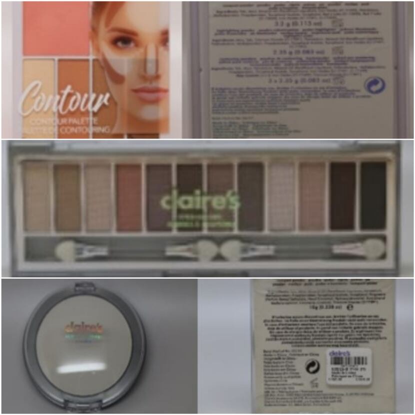 The products affected are (top to bottom) Claire's Contour Palette, Eye Shadows and Compact...