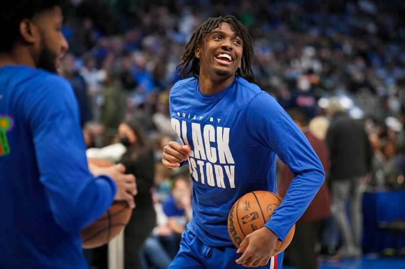 Philadelphia 76ers guard Tyrese Maxey warms up before during the first half of an NBA...