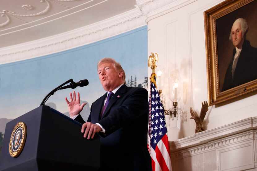 President Donald Trump addresses the nation at the White House in Washington, April 13, 2018.