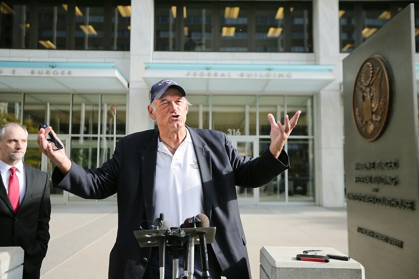 Former Minnesota Gov. Jesse Ventura talks to reporters after a hearing in 2015.  (File...