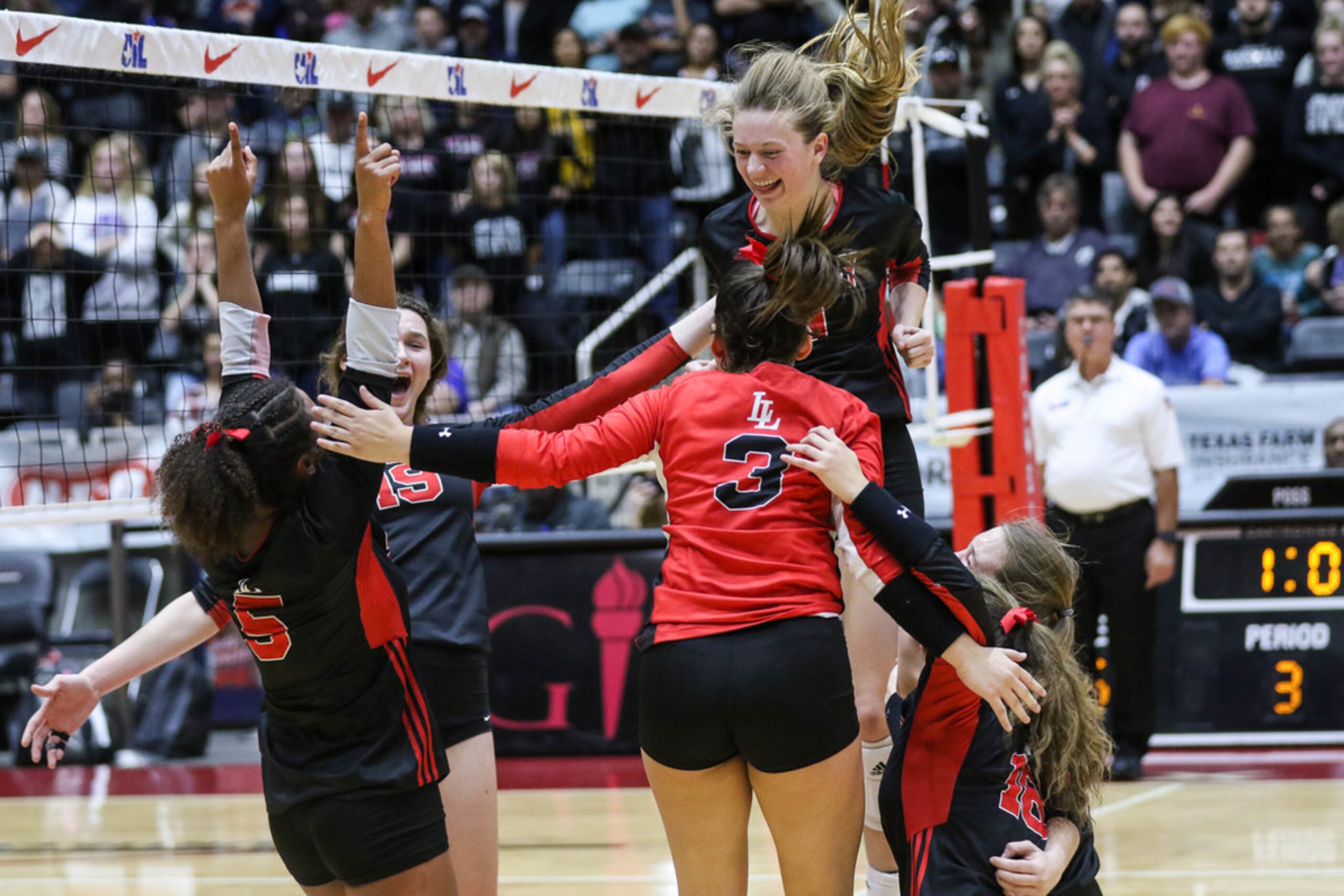 The Lucas Lovejoy Leopards celebrate after winning the scoring point in the final set of a...
