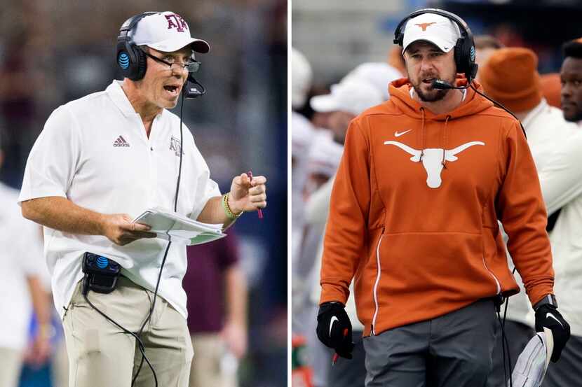 Left: Texas A&M Aggies head coach Jimbo Fisher (Ashley Landis/The Dallas Morning News) /...