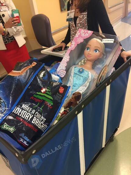 Rolling bin full of Christmas presents waiting to be delivered by Dirk Nowitzki at...