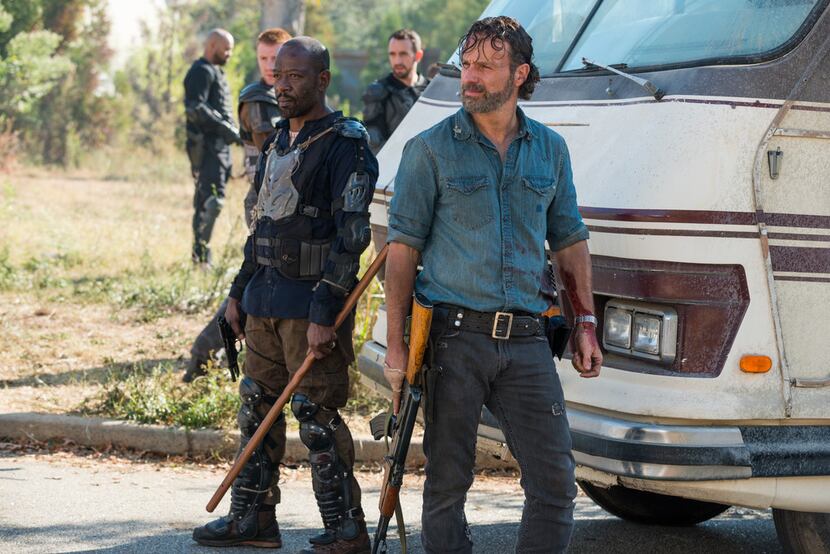 In this image released by AMC, Lennie James portrays Morgan Jones, left, and Andrew Lincoln...