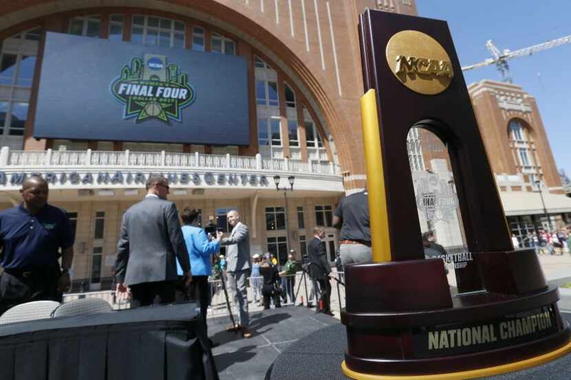 The 2017 NCAA women's basketball national championship trophy is seen at the 2017 Final Four...