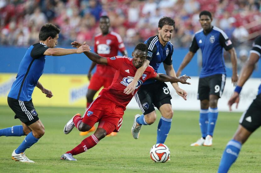 San Jose Earthquakes Jean-Baptiste Pierazzi #80 battles with FC Dallas Fabian Castillo #11...