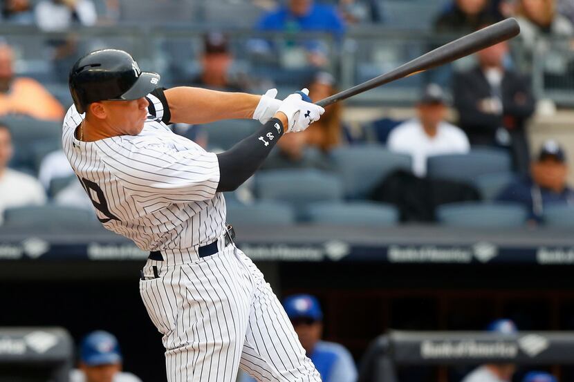 NEW YORK, NY - SEPTEMBER 30:  Aaron Judge #99 of the New York Yankees follow through on a...