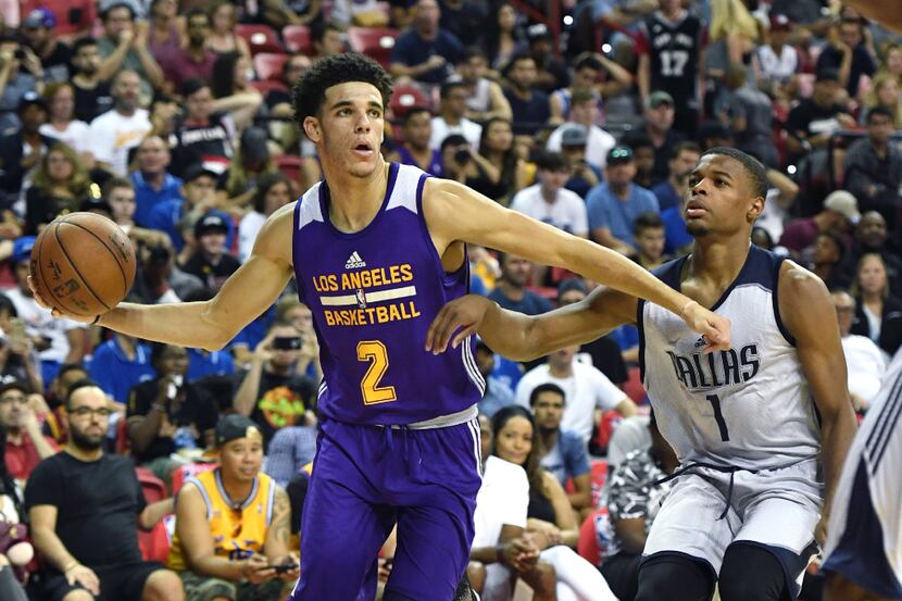 LAS VEGAS, NV - JULY 16:  Lonzo Ball #2 of the Los Angeles Lakers looks to pass the ball as...