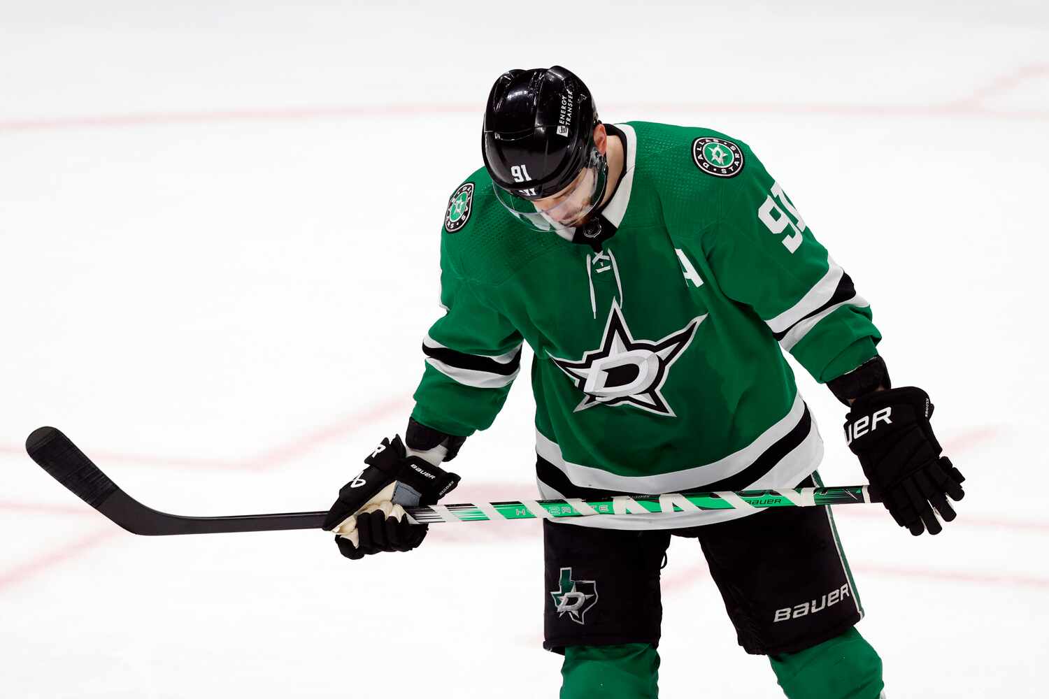 Dallas Stars center Tyler Seguin (91) reacts after the Stars allowed a goal to the Colorado...