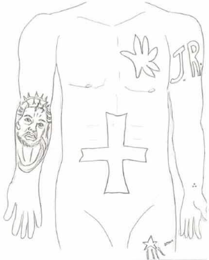 A Dallas police sketch of the unknown burglar's inked torso.