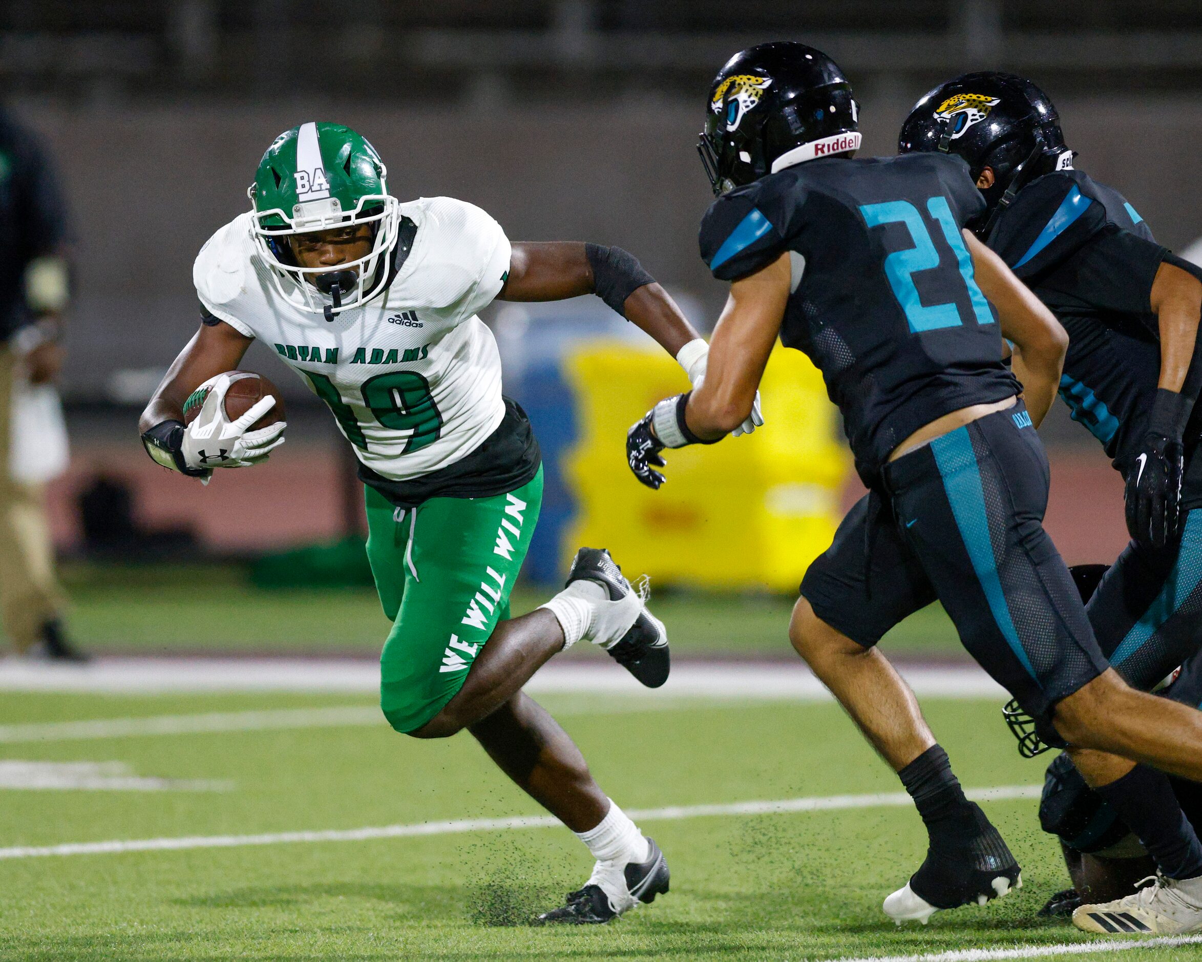 Bryan Adams running back Jon’Trevious Nunn (19) evades Molina linebackers Joel Guerra (21)...