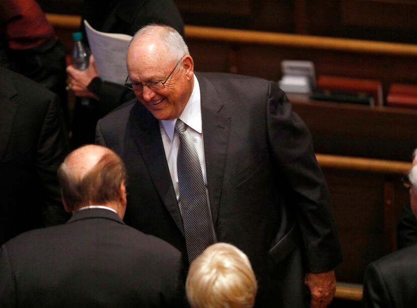 Former Texas Rangers pitcher Nolan Ryan is greeted by friends following the funeral service...