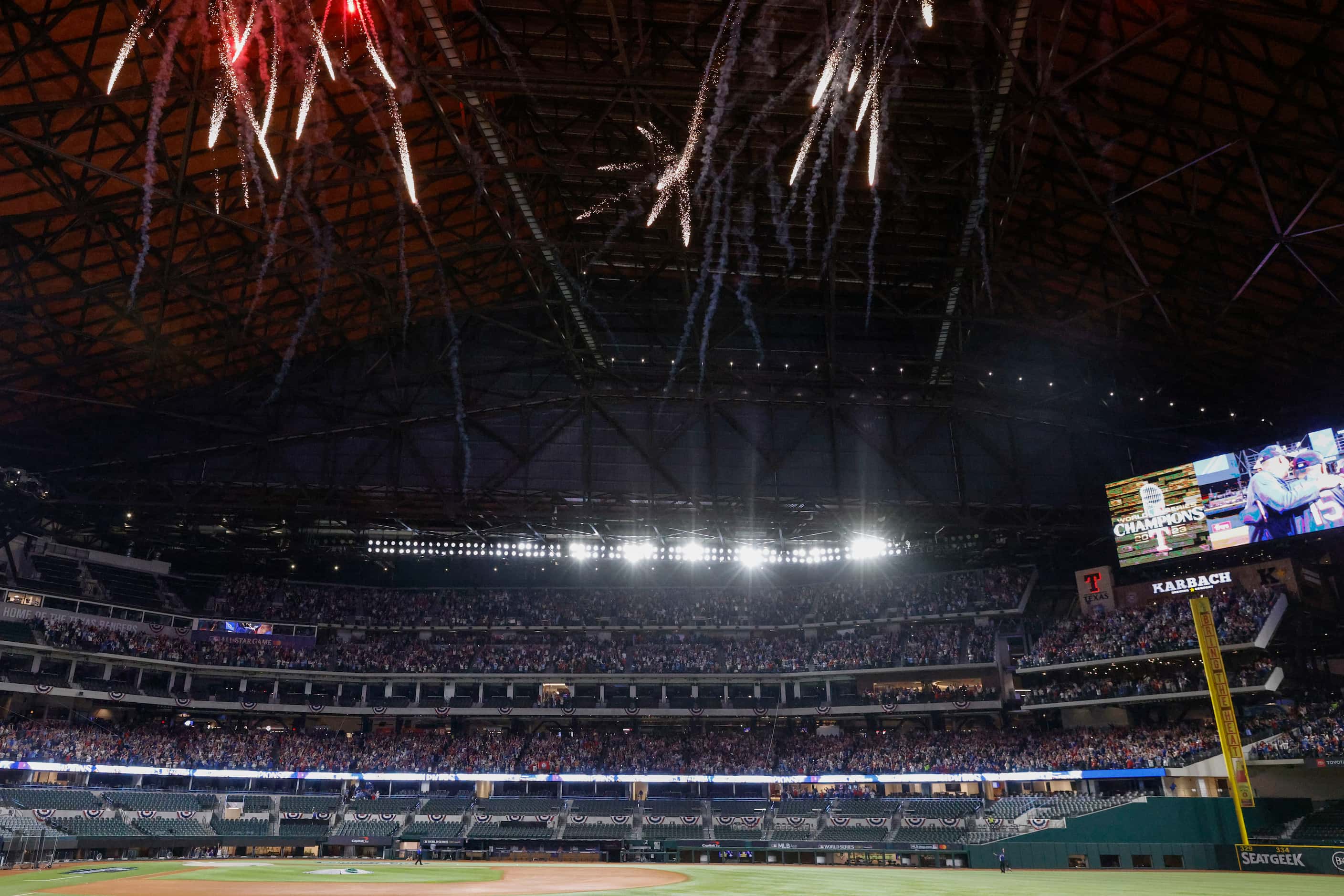 Fireworks explode following Texas Rangers’ winning the World Series in five games against...